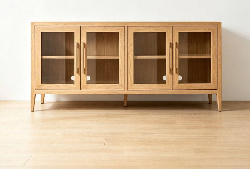 Glass-Door Light Wood 4-Door Media Credenza