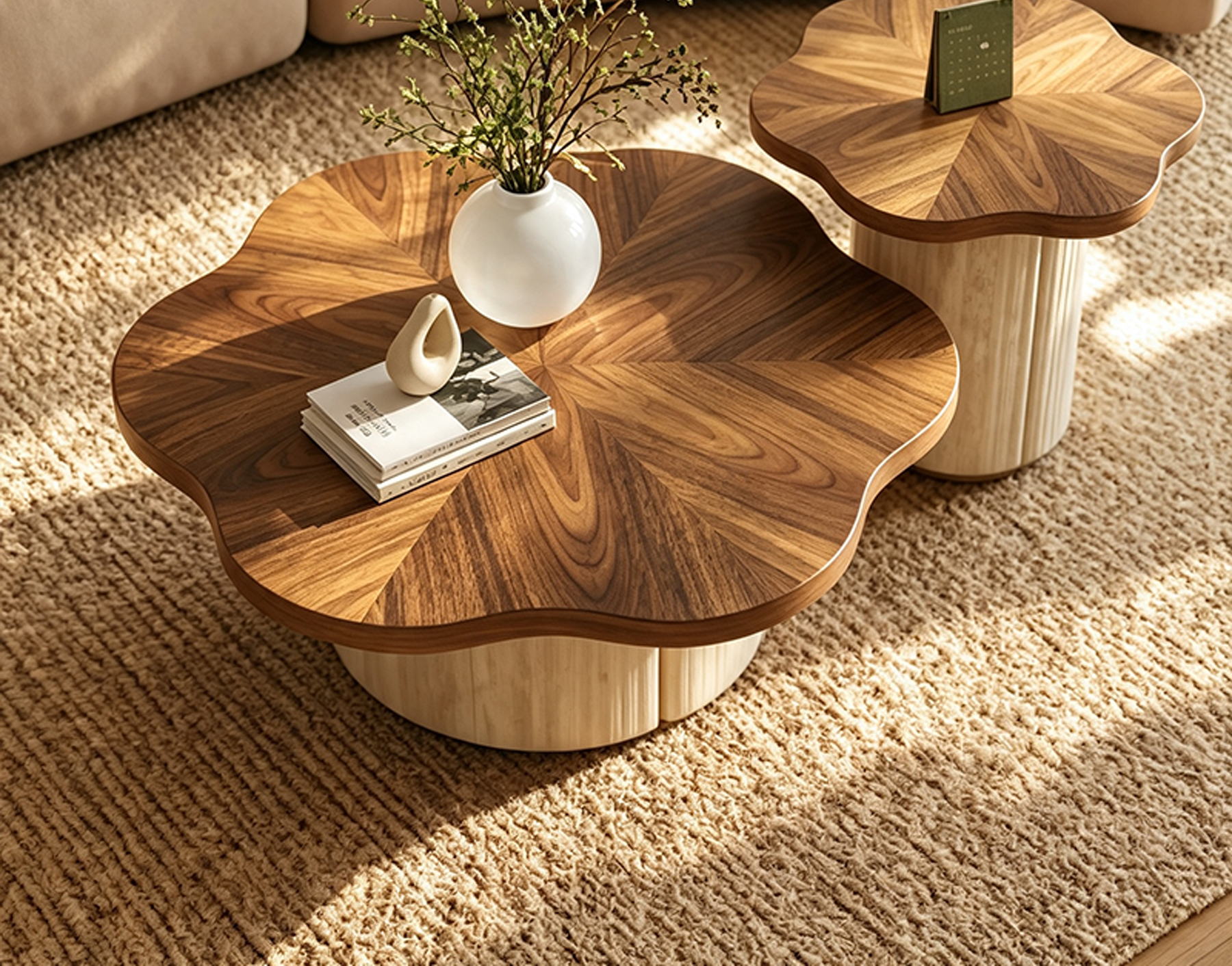 Modern Scalloped Wood and Travertine Nesting Coffee Table Set