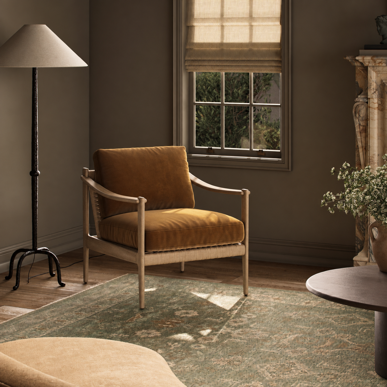 Brown Velvet Accent Chair, Wood Frame Lounge Chair with Woven Rope Back