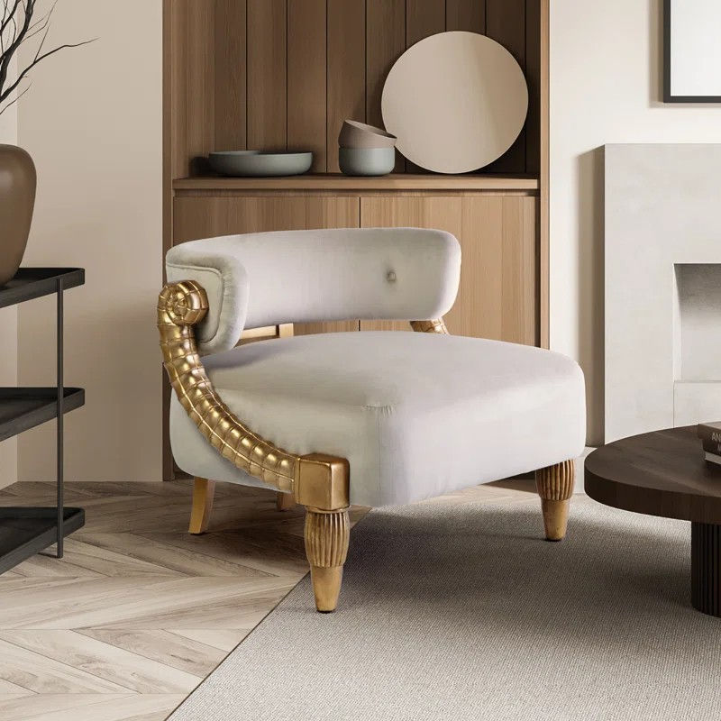 Ivory Velvet Accent Chair with Gold Details, Modern Luxury Lounge Chair