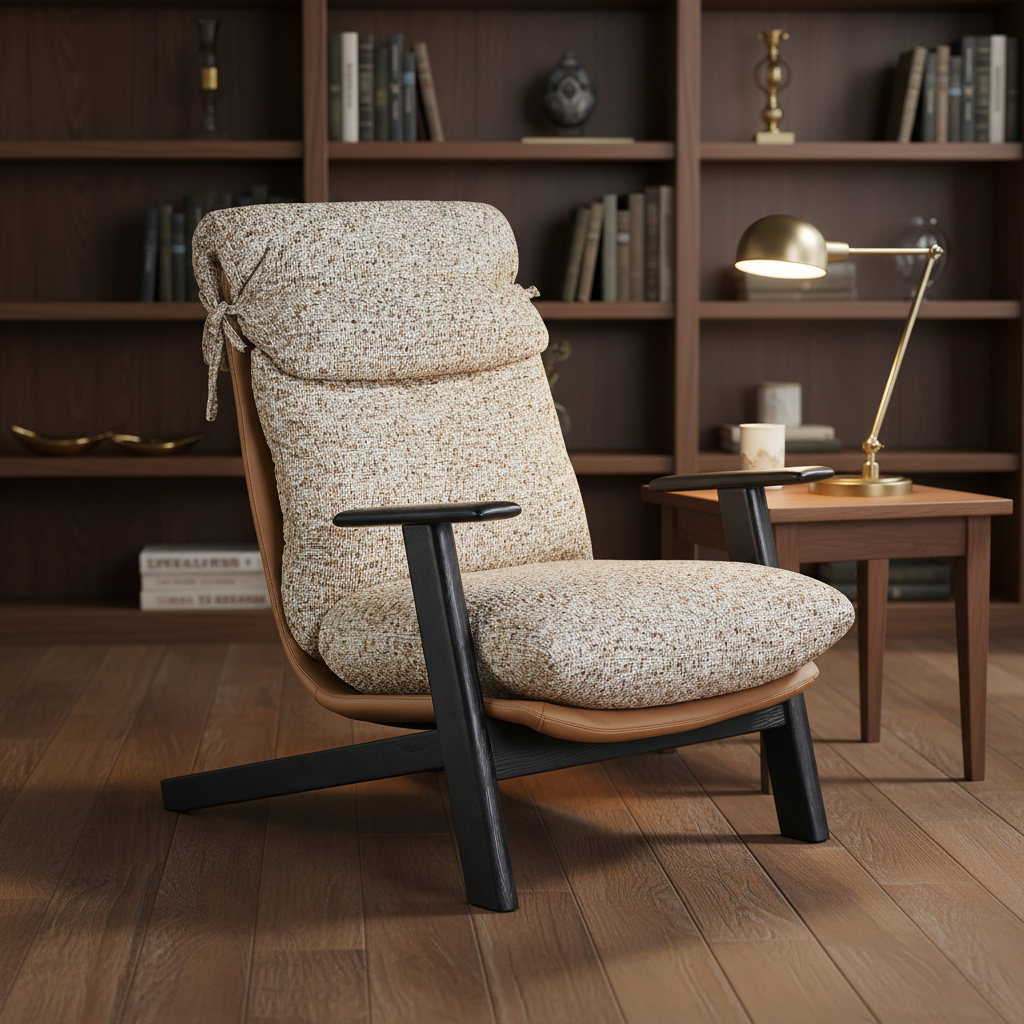 High Back Accent Chair, Mid Century Beige Linen Lounge Chair with Wood Arms