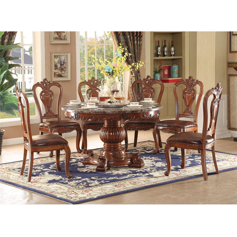 American Style Classic Royal Solid Wood Marble 7-Piece Dining Set