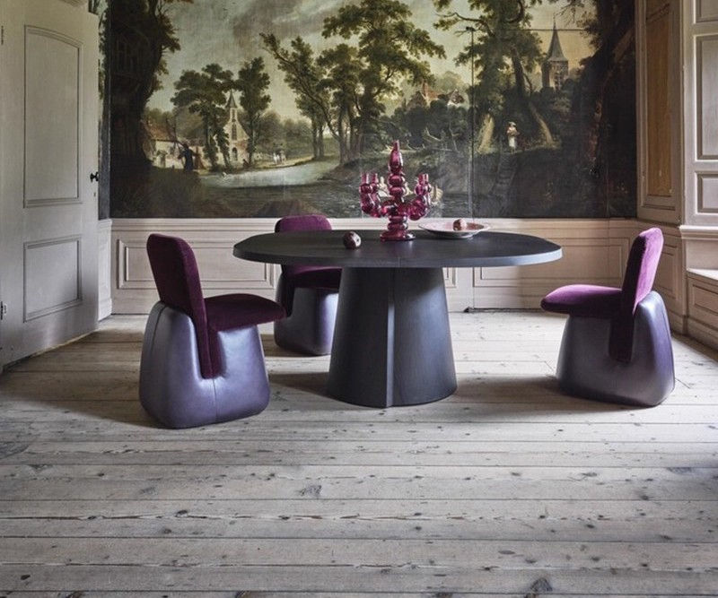 Purple Velvet Dining Chair with Curved Back and Sculptural Wood Base