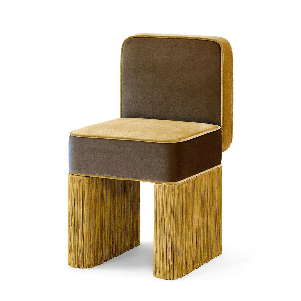 Brown Velvet Dining Chair with Gold Fringe Legs, Modern Upholstered Accent Chair
