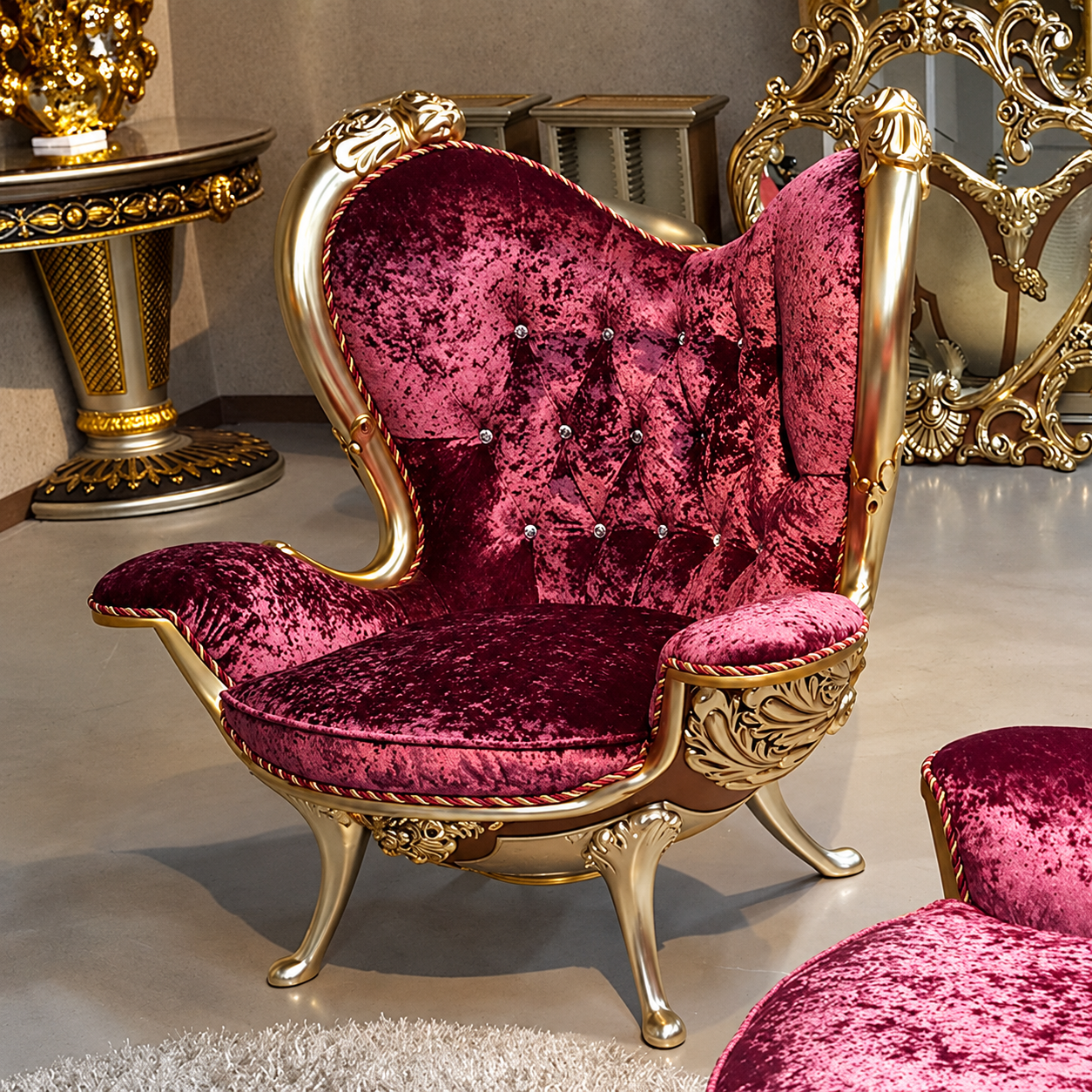 Burgundy Velvet Accent Chair, Gold Carved Wood Armchair for Living Room