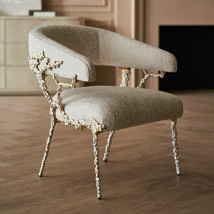 Cream Upholstered Accent Chair with Sculptural Metal Frame, Lounge Armchair
