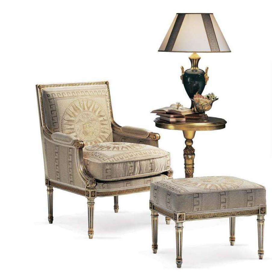 Neoclassical Gold Wood Accent Chair and Ottoman Set Tapestry Armchair