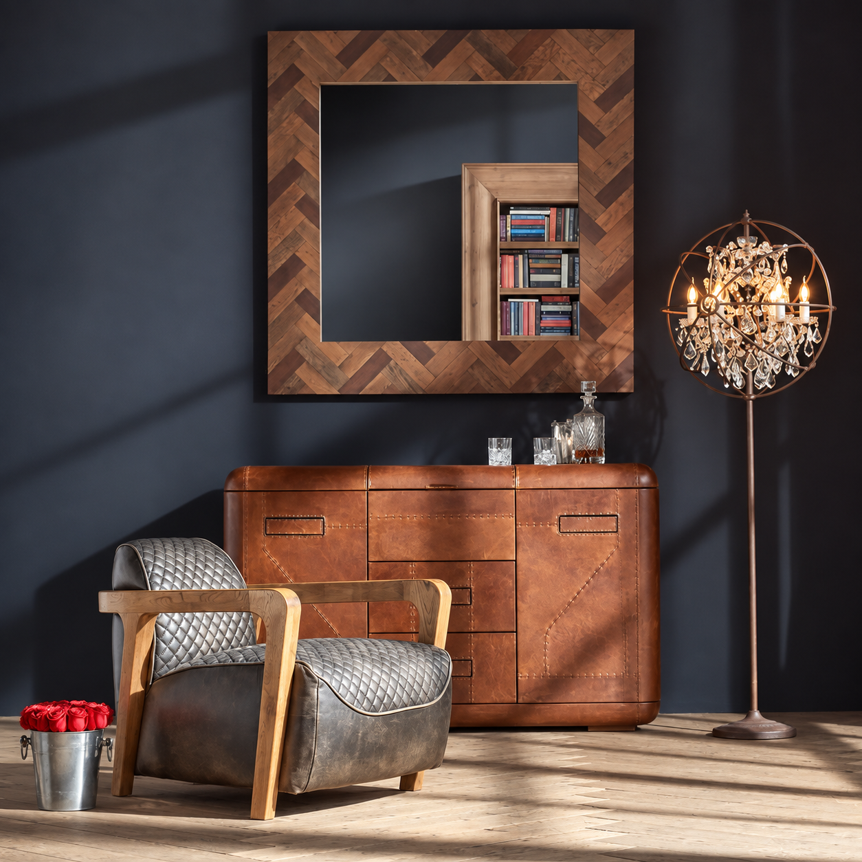 Leather Accent Chair, Brown, Quilted Wood Arm Lounge Chair for Living Room
