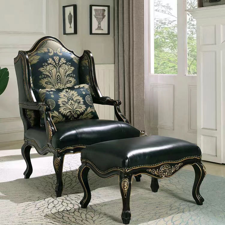 Classic Carved Leather Armchair with Matching Ottoman