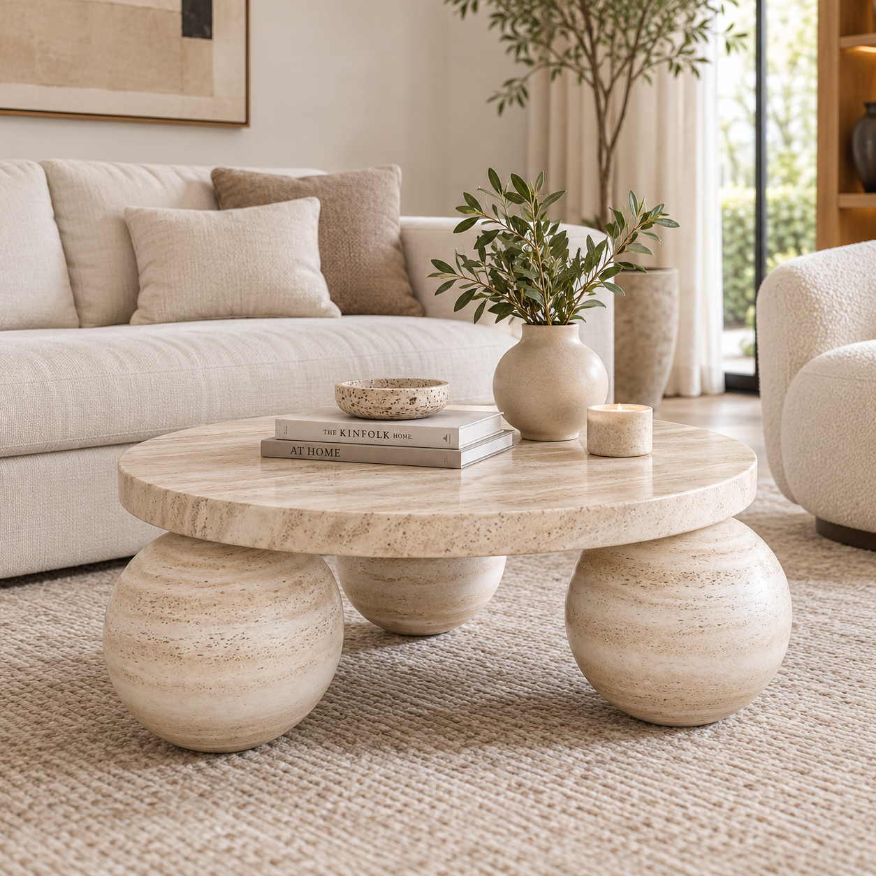 Natural Travertine Sphere-Leg Coffee Table