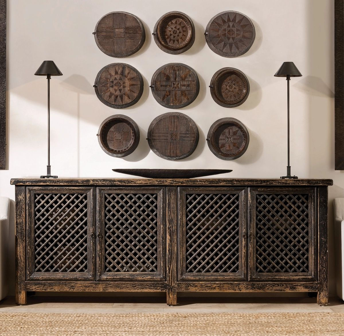 Rustic Wood Sideboard Credenza Distressed Lattice Storage Cabinet