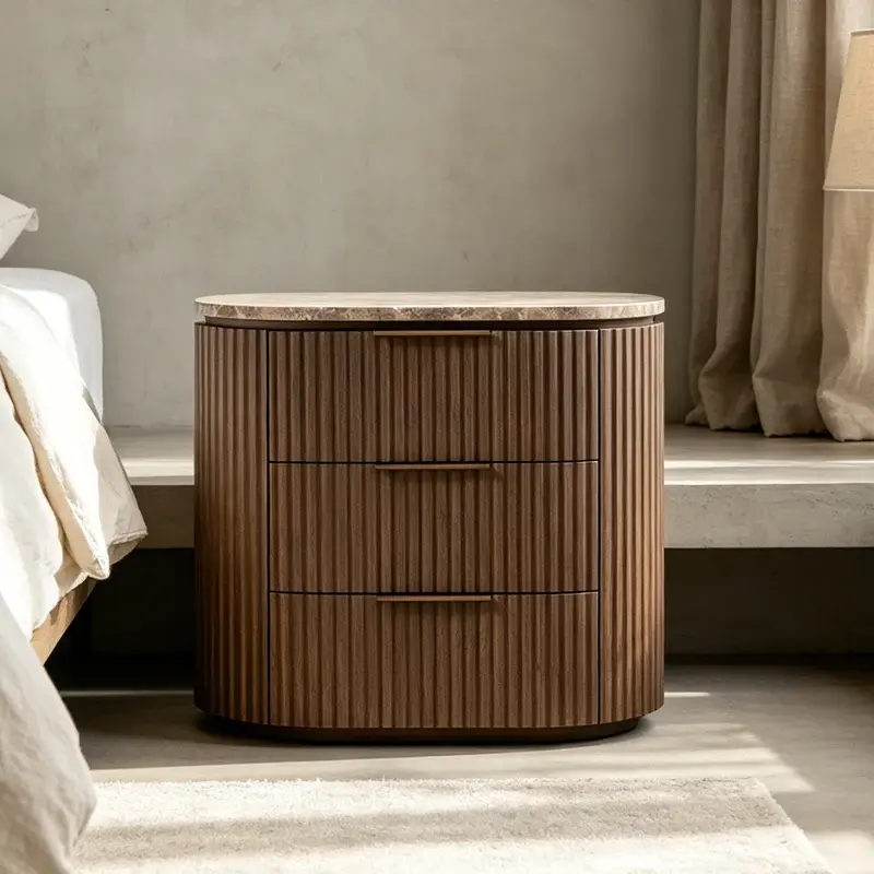 Fluted-Curved Three-Drawer Wooden Nightstand
