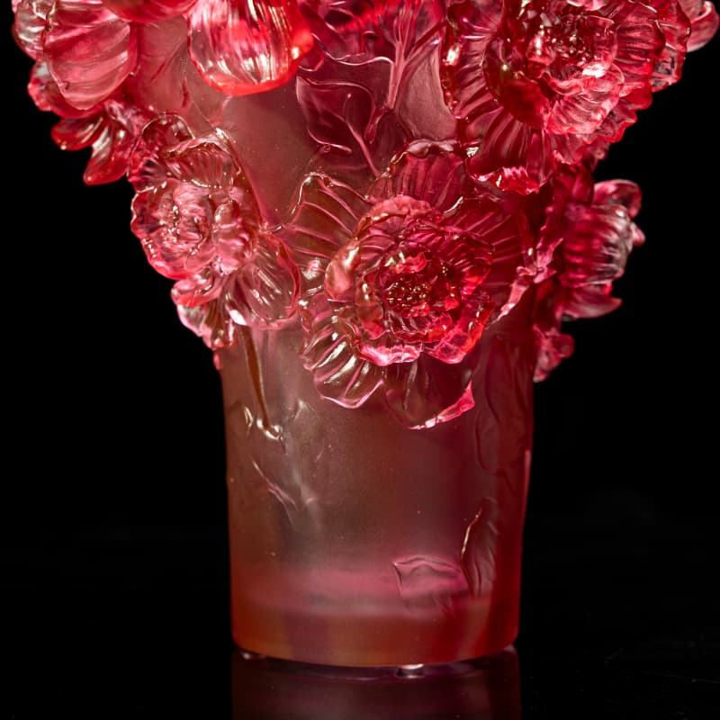 Ruby Red Crystal Flower Vase Sculpted Botanical Art Glass Vessel