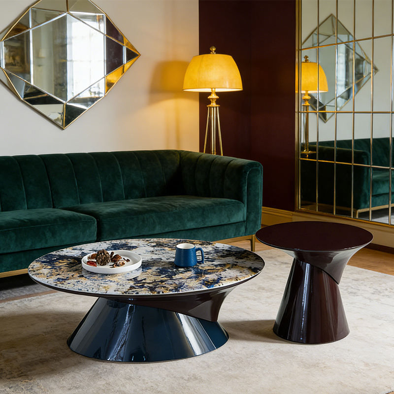 Modern Abstract Pattern Stone and Wood Coffee Table Set