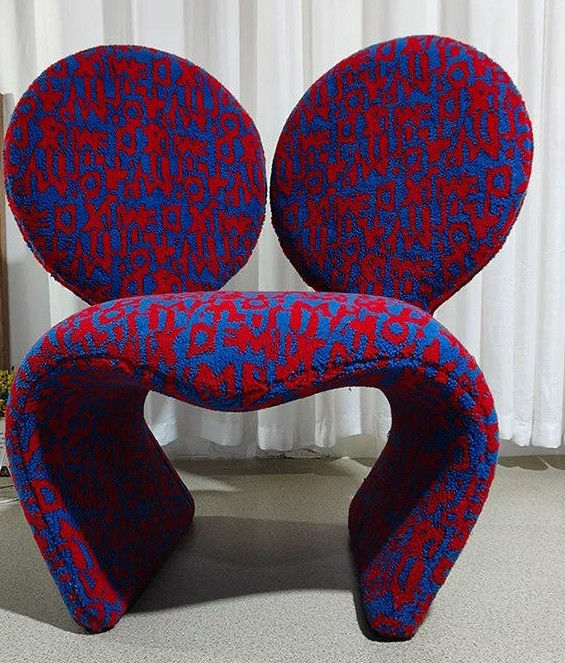 Red Blue Sculptural Accent Chair with Double Round Back and Curved Base