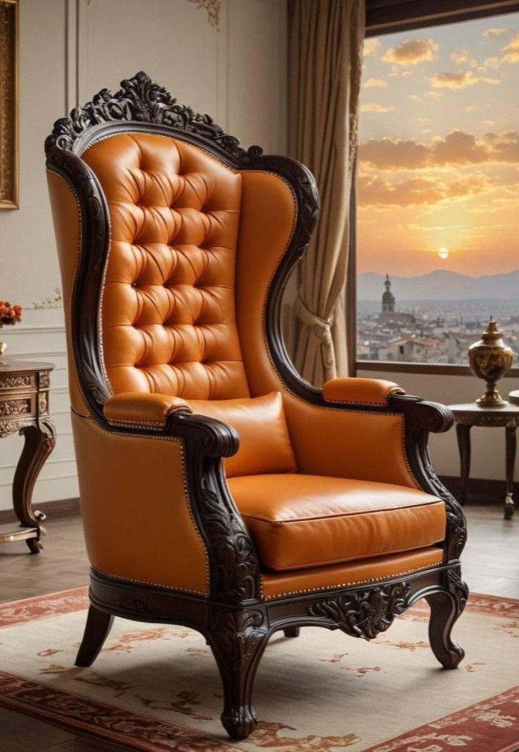 High Back Leather Wingback Chair Tufted Carved Wood Armchair