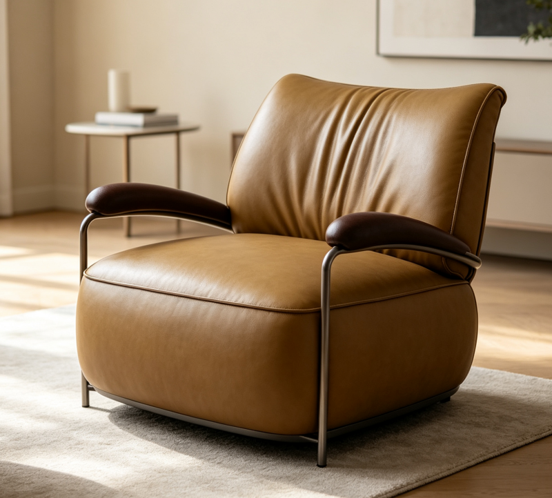 Brown Genuine Leather Accent Chair with Padded Arms and Metal Frame