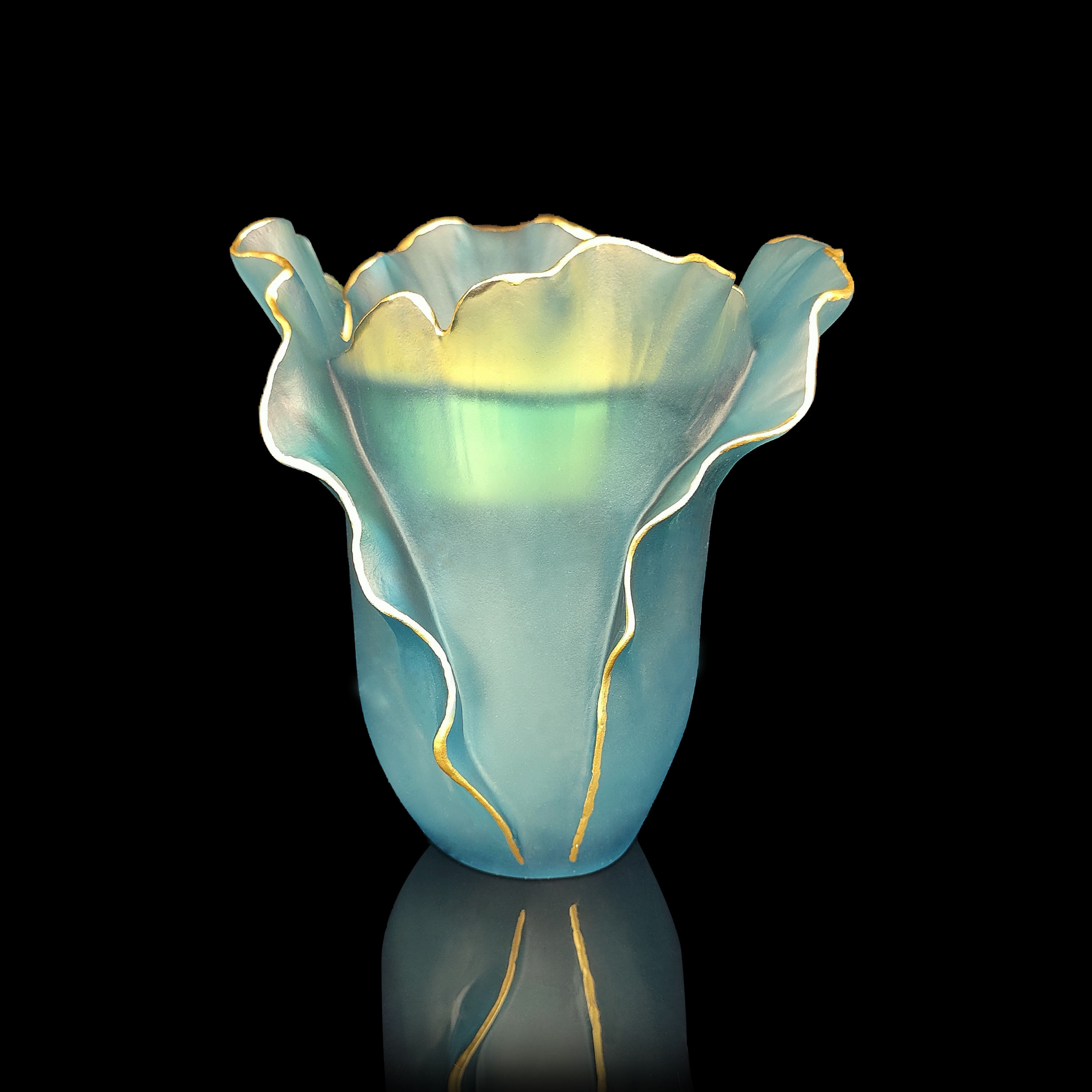 Frosted Blue Floral Glass Vase Gold Trim Art Glass Accent