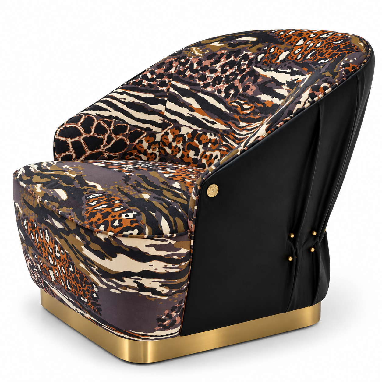 Animal Print Accent Chair with Black Leather Sides and Gold Metal Base