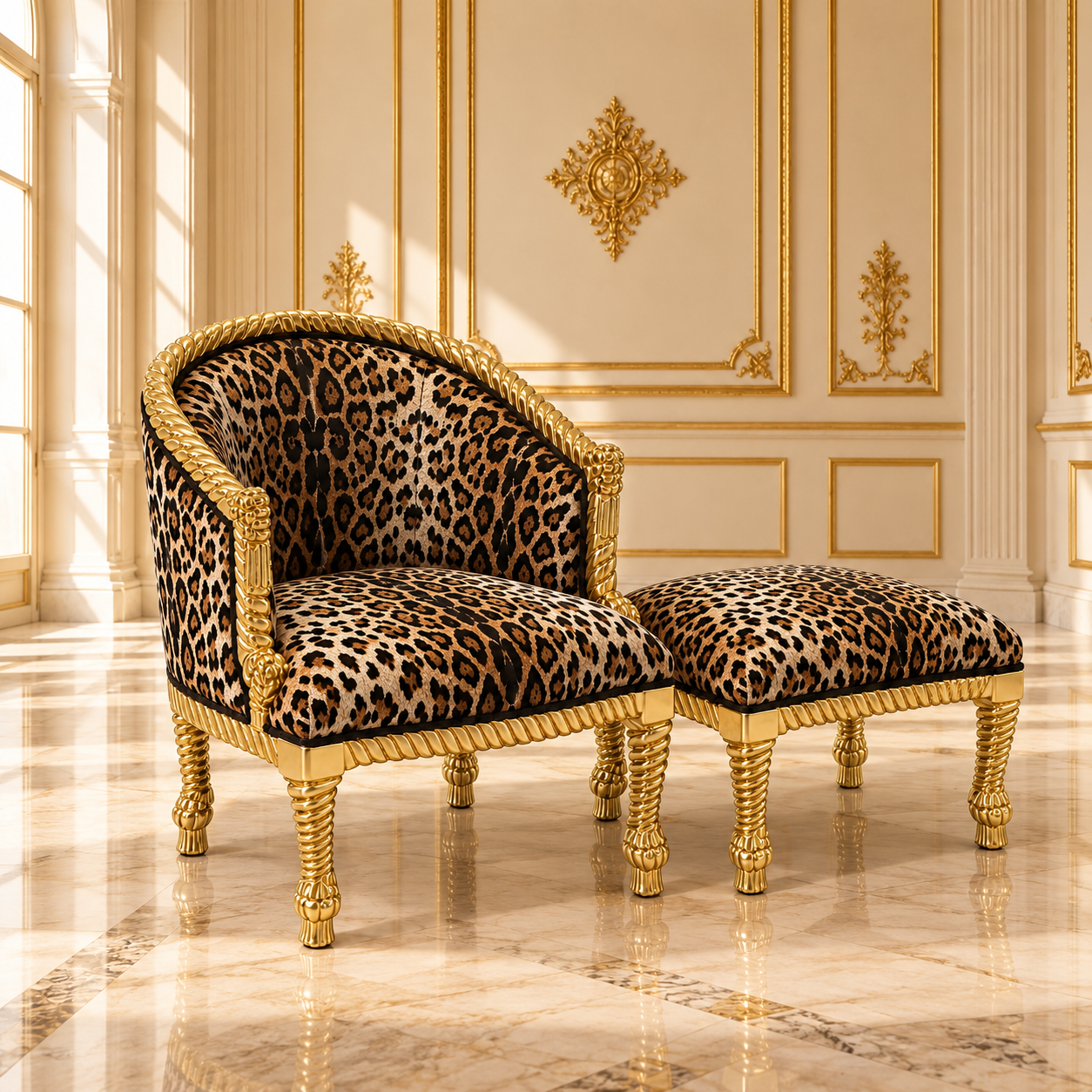 Leopard Print Velvet Accent Chair with Ottoman Gold Carved Armchair