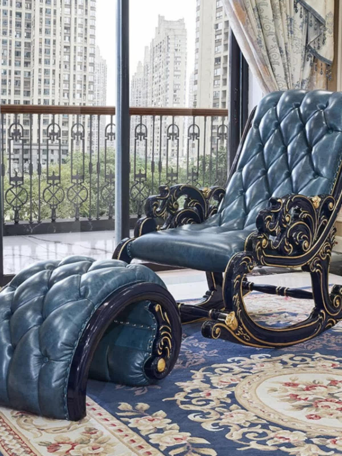Blue Genuine Leather Rocking Chair, Tufted High Back Lounge Chair