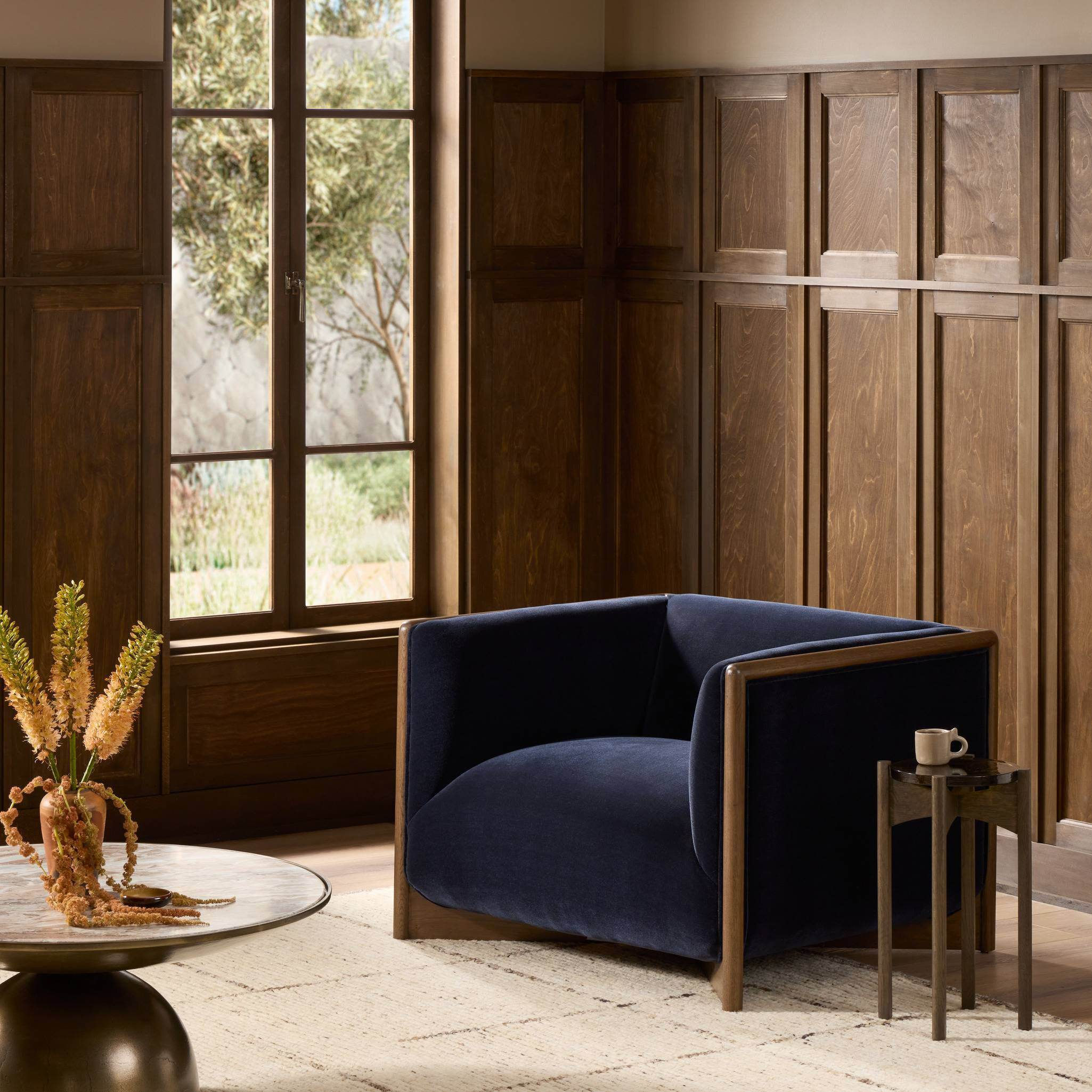 Dark Blue Velvet Accent Chair, Solid Wood Frame Lounge Chair for Living Room