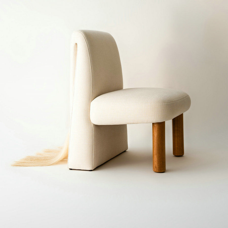 Cream Upholstered Dining Chair with Fringe Back and Natural Wood Legs