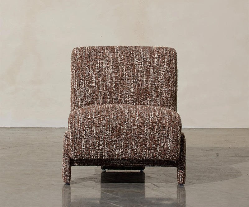 Brown Woven Fabric Accent Chair with High Back and Sculptural Block Legs