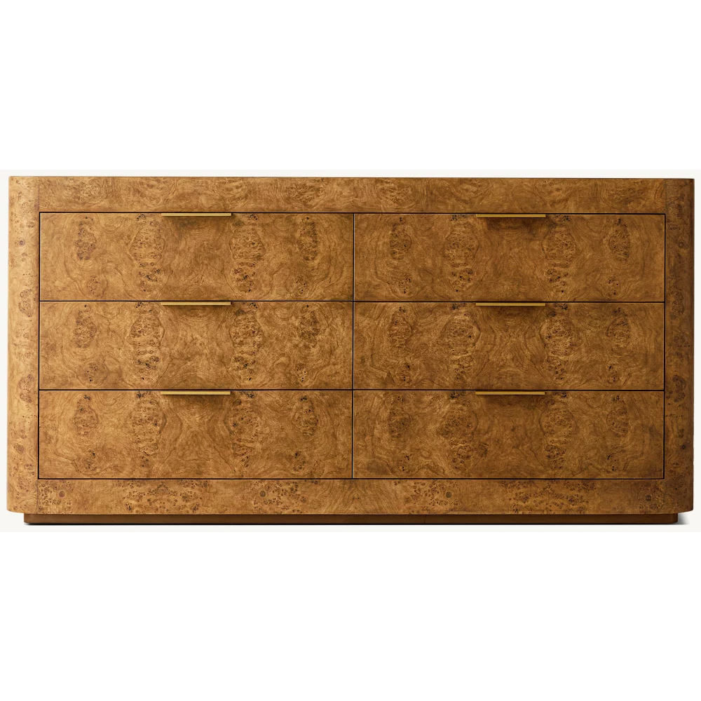 Burl Wood Dresser 6 Drawer Bedroom Chest Modern Double Credenza Storage Table