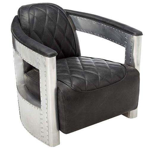 Black Leather Accent Chair with Quilted Seat and Riveted Metal Frame