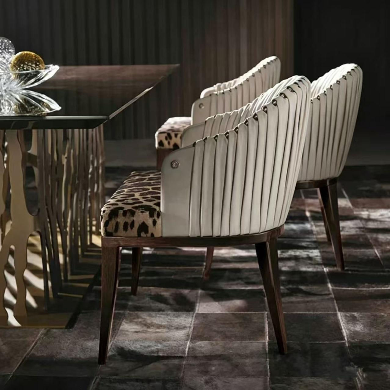 Solid Ash Wood Dining Chair Leopard Print Seat Pleated Armrest Upholstery