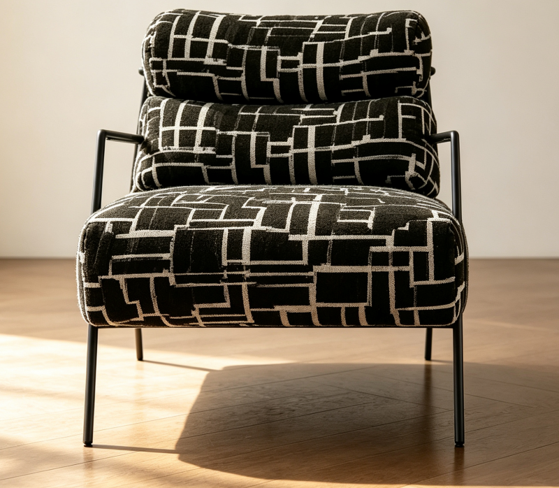 Black Geometric Fabric Accent Chair with Cushioned Back and Metal Legs
