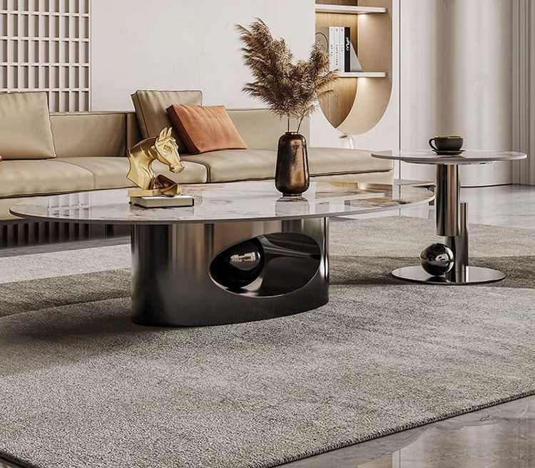 Luxury Italian Design Marble Top Metal Base Coffee Table and Side Table Set