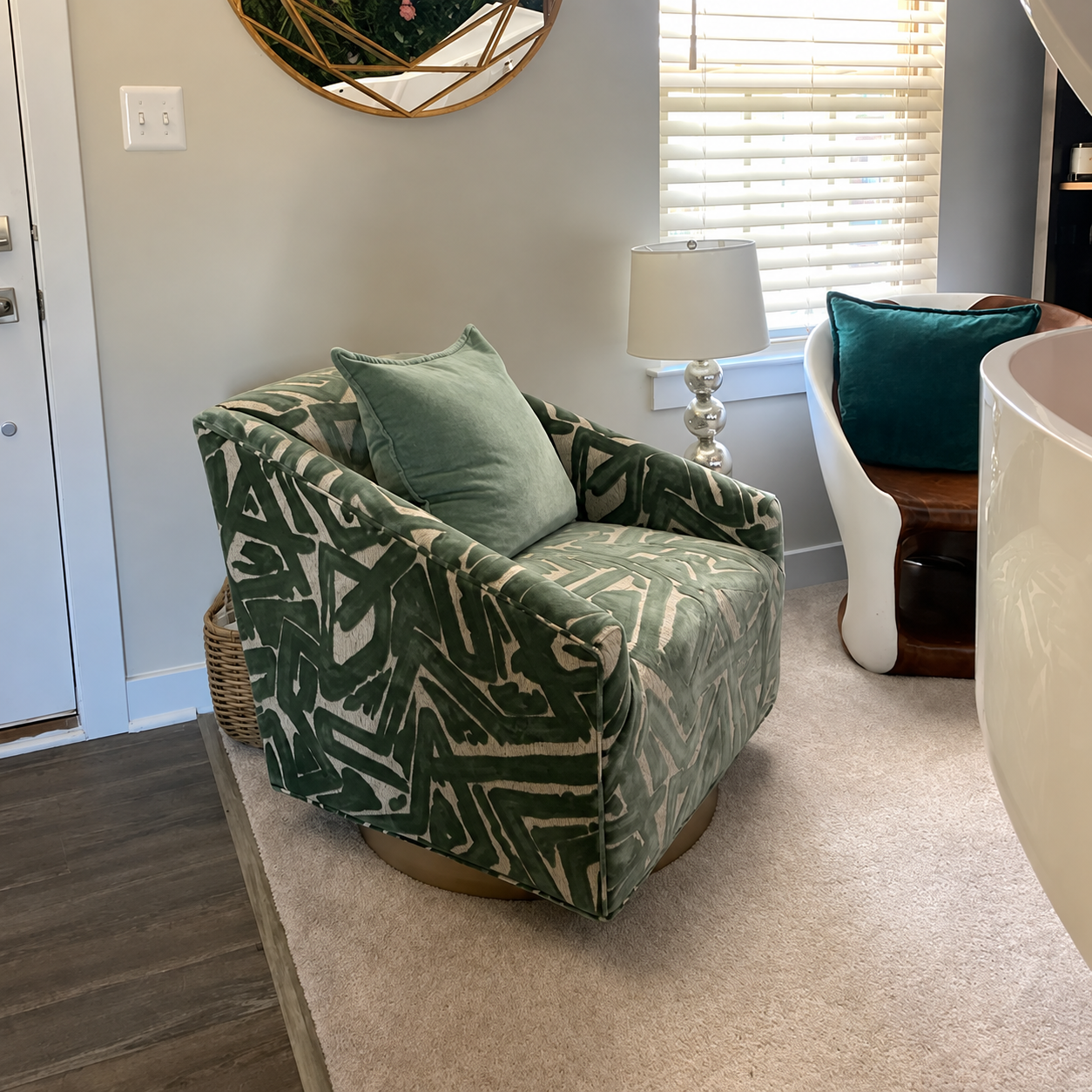 Green Geometric Velvet Swivel Accent Chair, Modern Barrel Lounge Chair