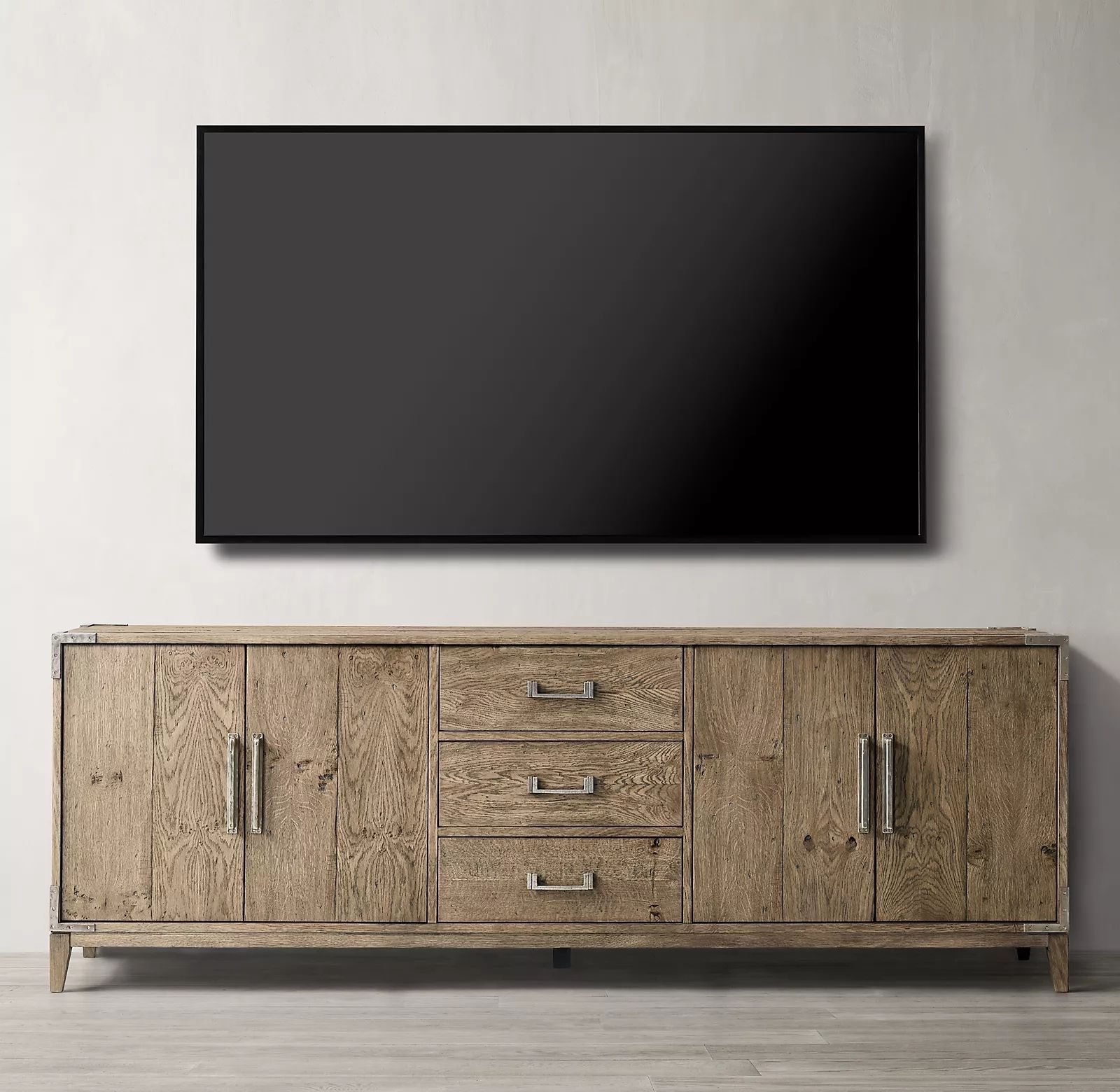 Rustic Oak Sideboard Buffet 4 Door 3 Drawer TV Console Credenza Cabinet