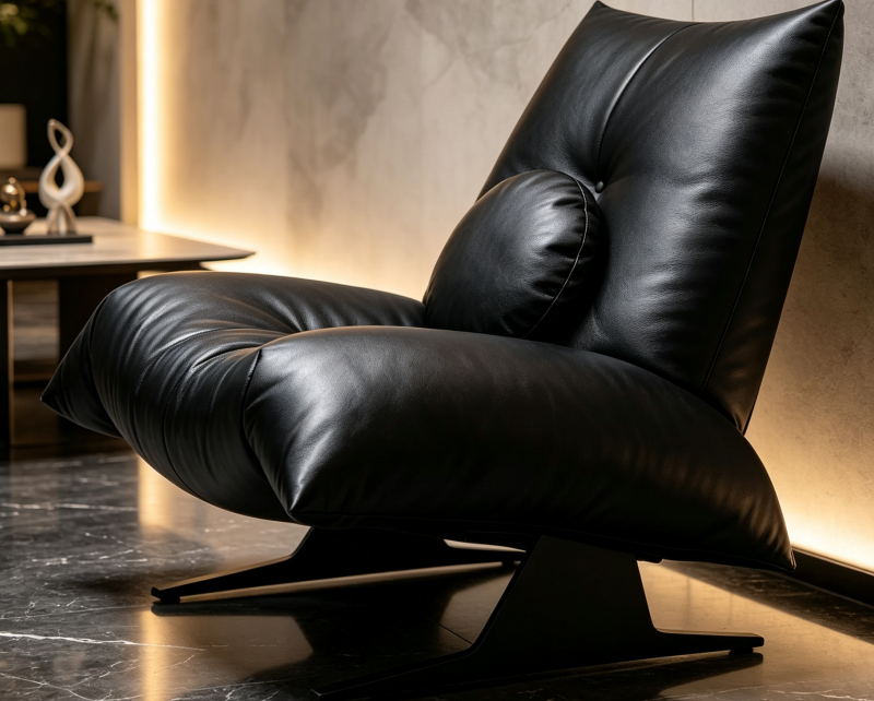 Black Genuine Leather Lounge Chair with Sculptural Metal Base