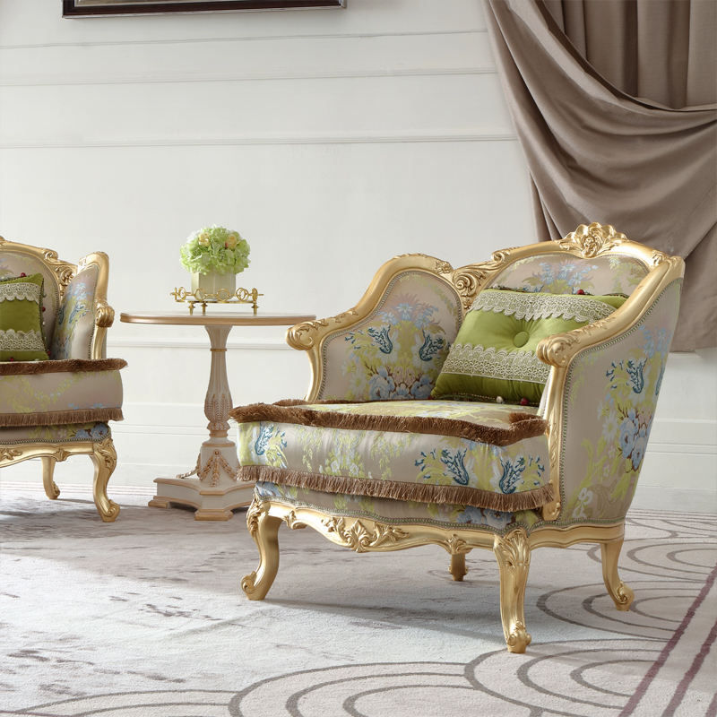 Baroque Fringe-Trimmed Gold and Floral Accent Chair