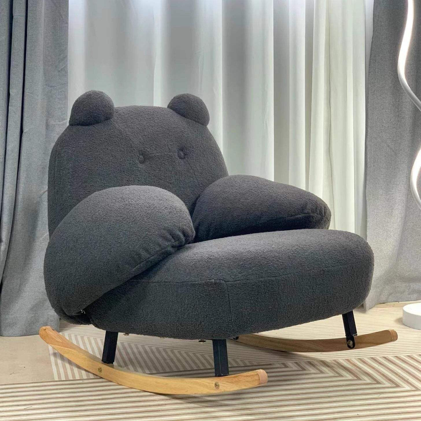 Gray Plush Rocking Chair, Bear Ear Lounge Armchair with Wooden Rockers