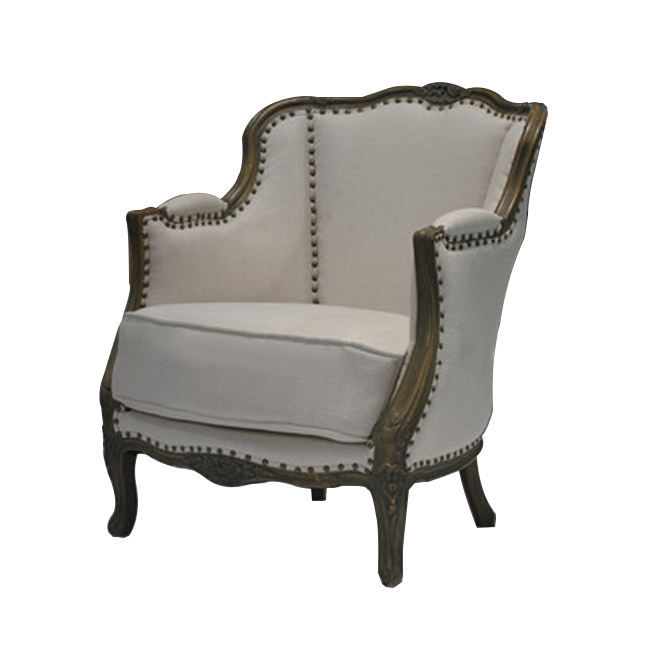Classic Wingback Carved Wood and Cream Linen Accent Armchair