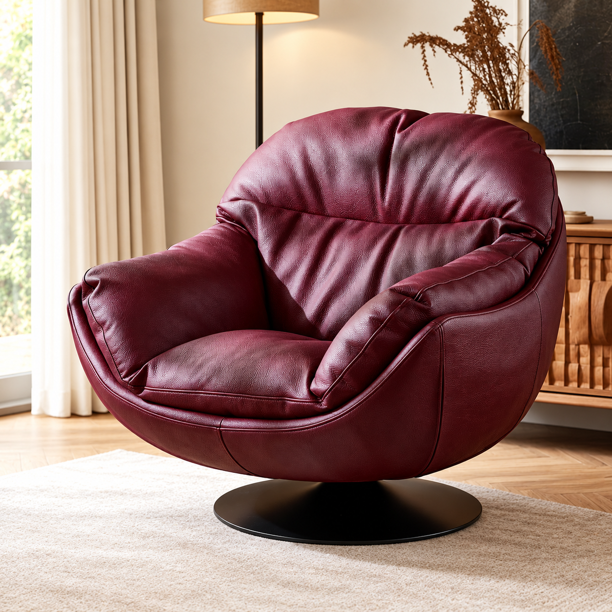 Red Leather Swivel Chair, Cozy Cushioned Lounge Chair for Living Room