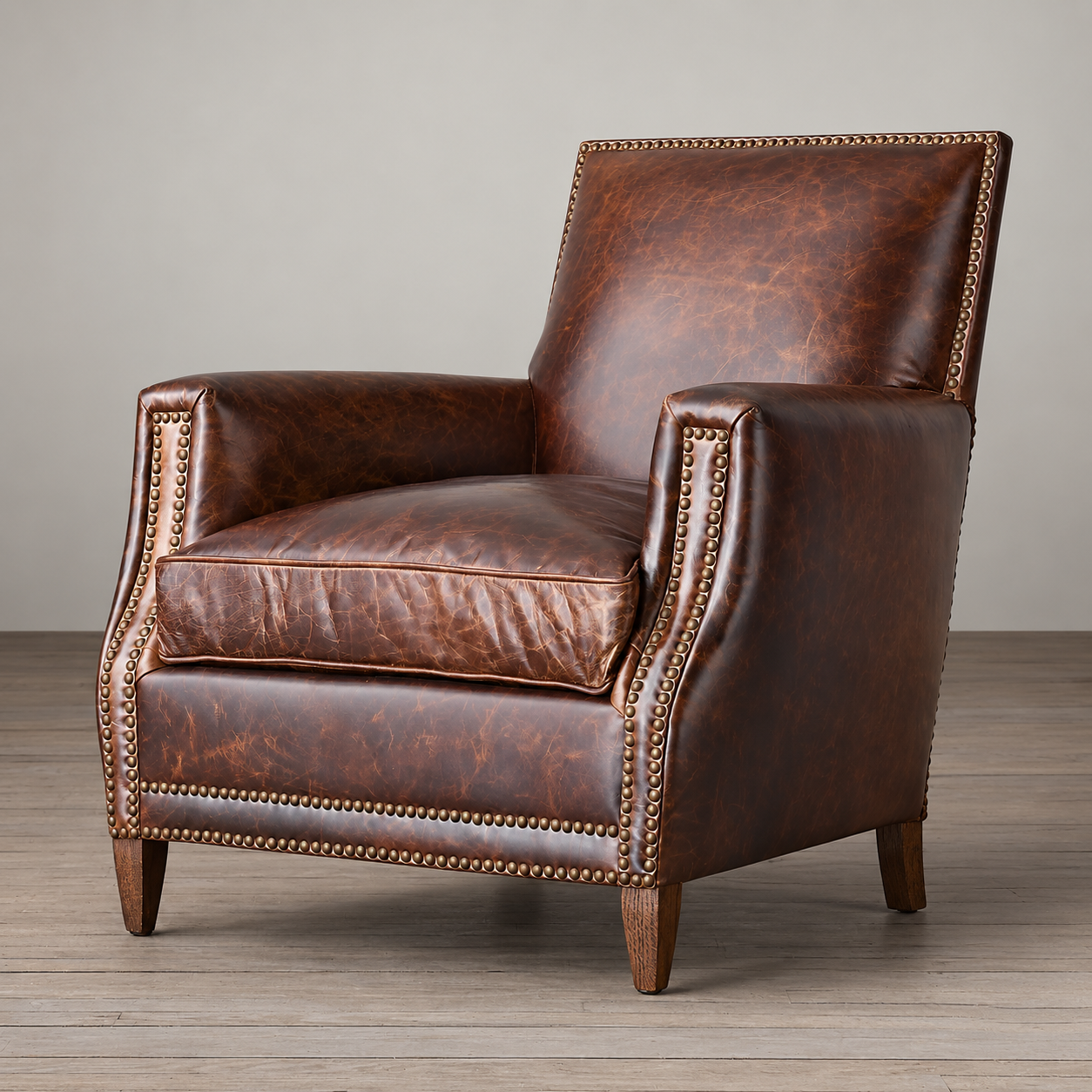 Brown Genuine Leather Accent Chair with Nailhead Trim and Wood Legs