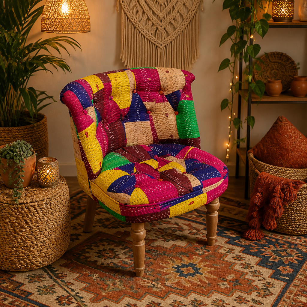 Multicolor Kantha Patchwork Accent Chair with Tufted Back and Wood Legs