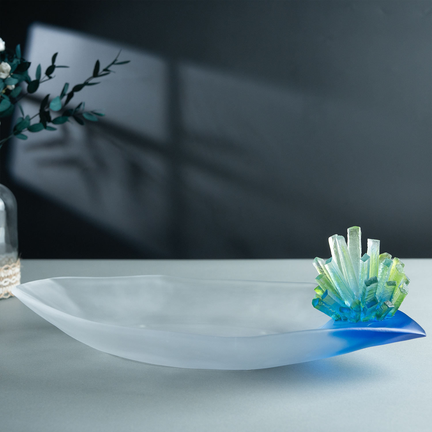 Frosted Crystal Cluster Tray Sculpted Mineral Art Glass Dish