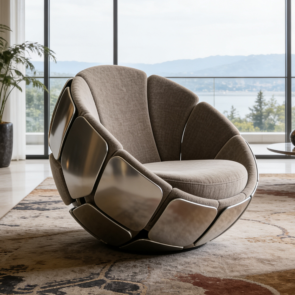 Taupe Fabric Swivel Accent Chair with Petal Back and Sculptural Metal Shell