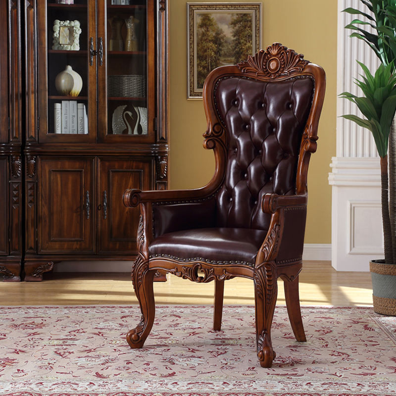 Traditional Tufted Leather Carved Armchair