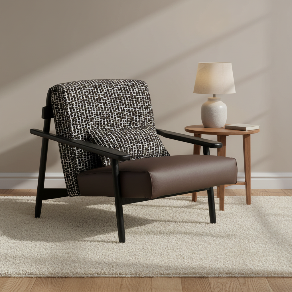 Single Sofa Chair, Brown Fabric Lounge Chair with Beech Wood Arms