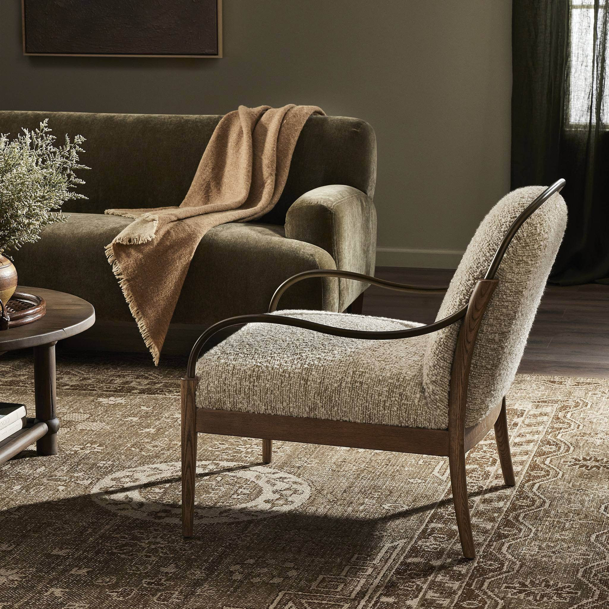 Beige Fabric Accent Chair, Wood Frame Lounge Armchair for Living Room