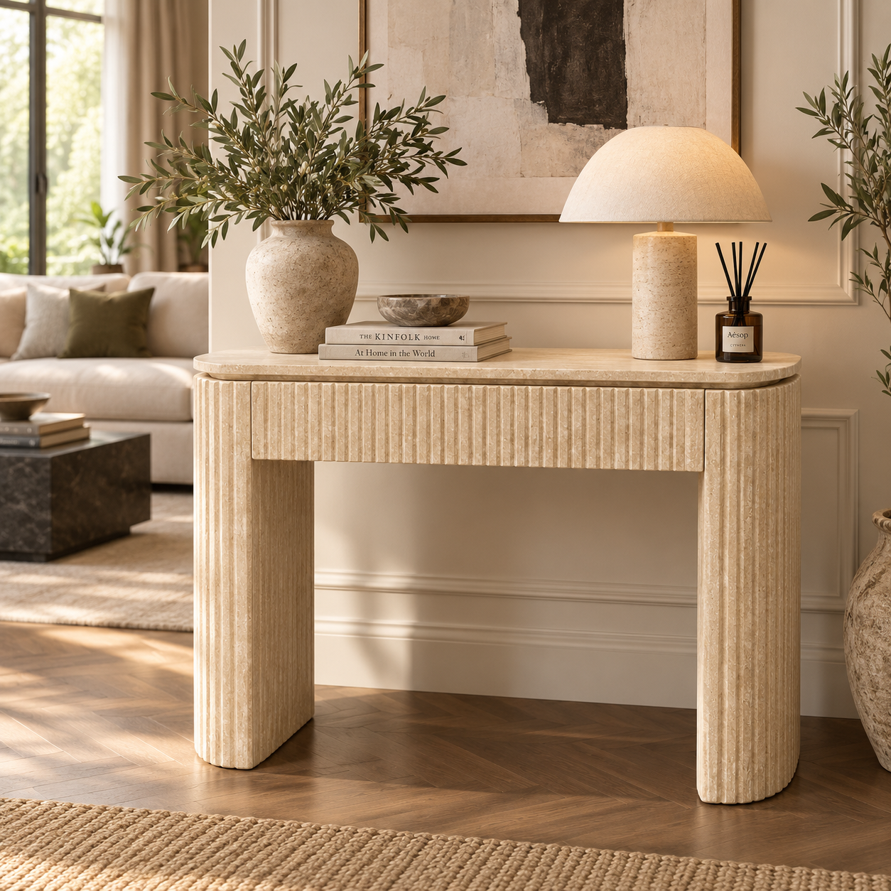 Fluted Travertine Entryway Console Table