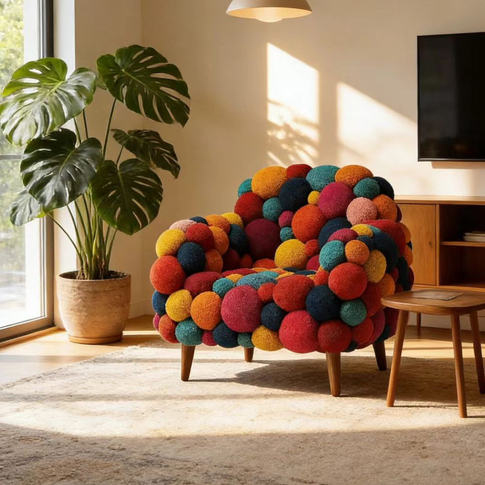 Colorful Pom Pom Accent Chair with Velvet Upholstery and Wood Legs