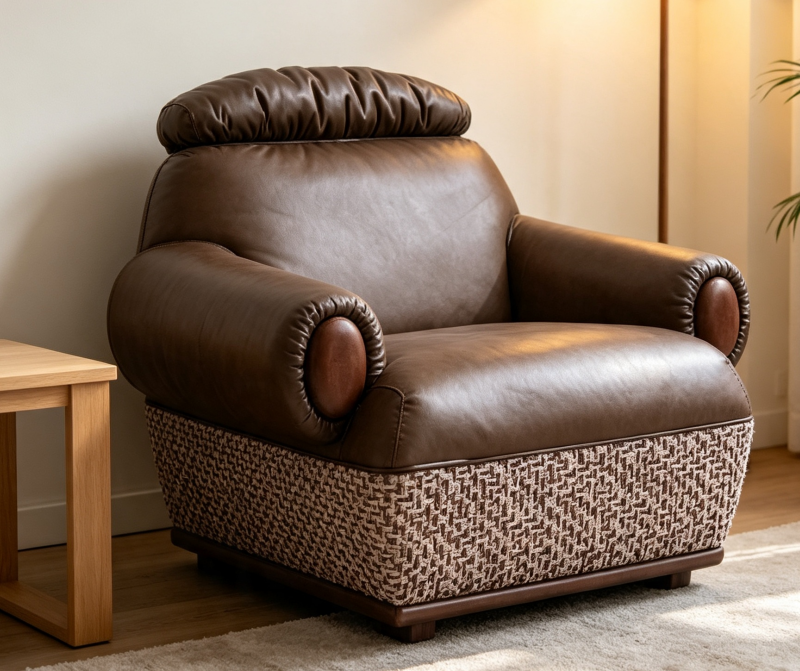 Brown Genuine Leather Accent Chair with Patterned Base and Wood Details